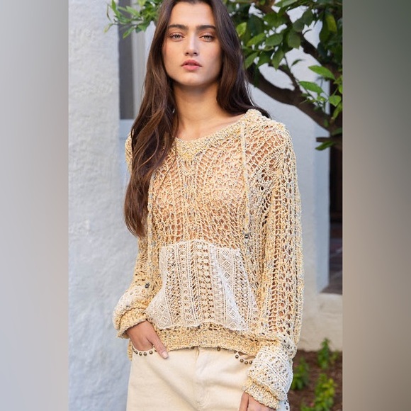 POL Yellow Powder Banana Crochet Knit Hoodie Sweater - Picture 3 of 7